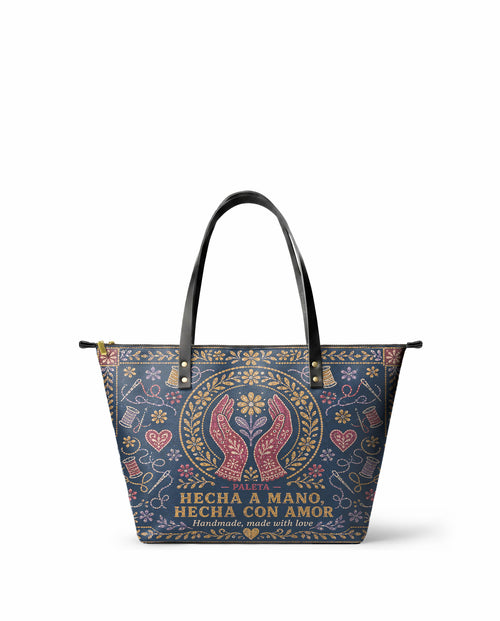 "Hecha a mano, hecha con amor" ver.4 Leather Tote Bag - front view | Paleta Bags