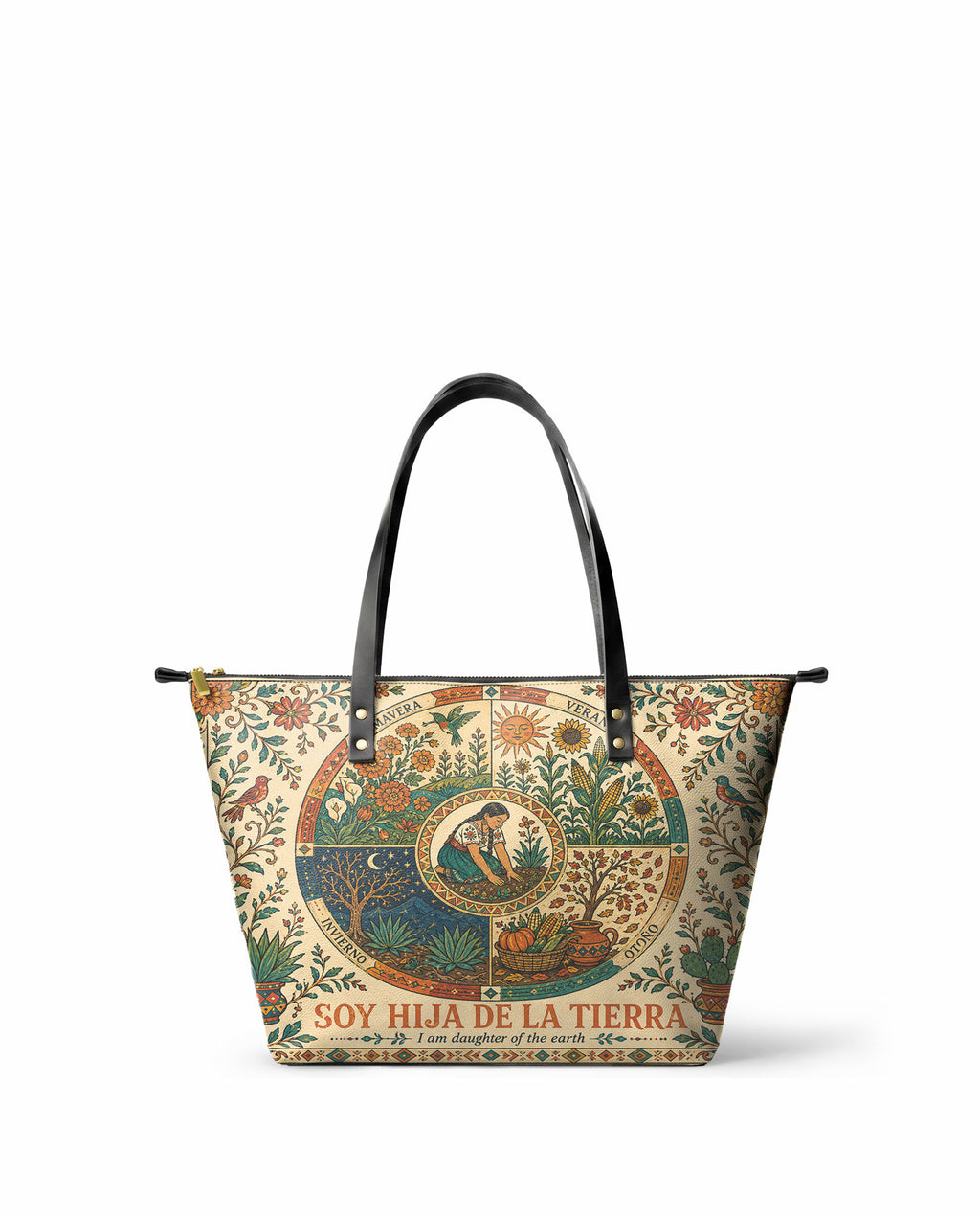 "Soy hija de la tierra" ver.1 Leather Tote Bag - front view | Paleta Bags