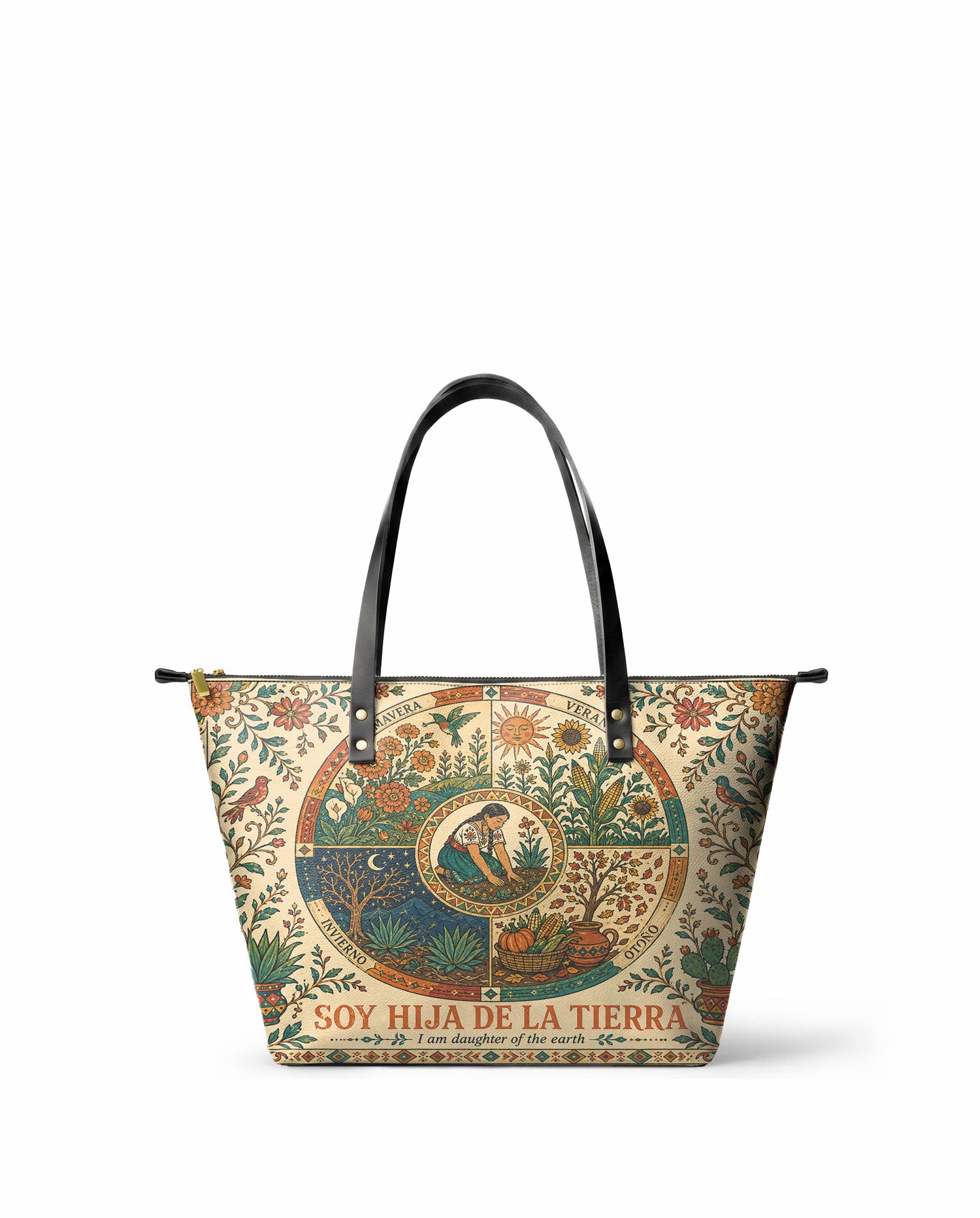"Soy hija de la tierra" ver.1 Leather Tote Bag - front view | Paleta Bags