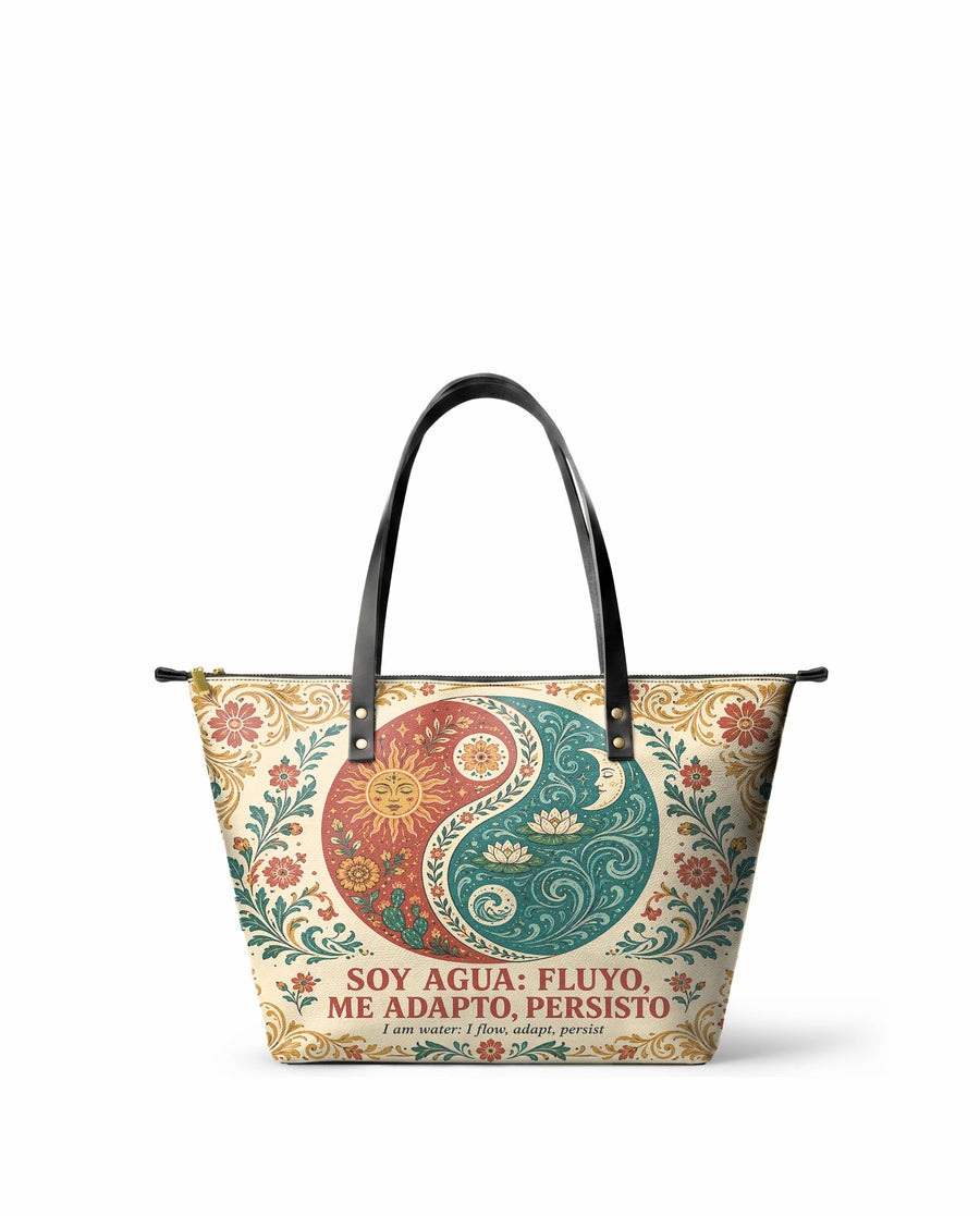 "Soy agua fluyo, me adapto, persisto" ver.5 Leather Tote Bag