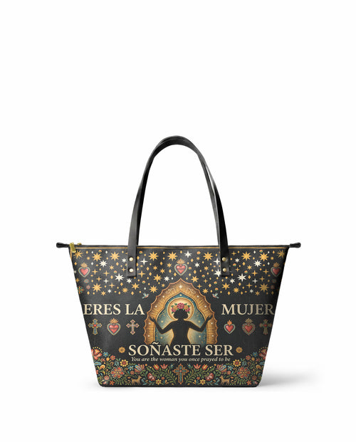"Eres la mujer que alguna vez soñaste ser" ver.2 Leather Tote Bag - front view | Paleta Bags