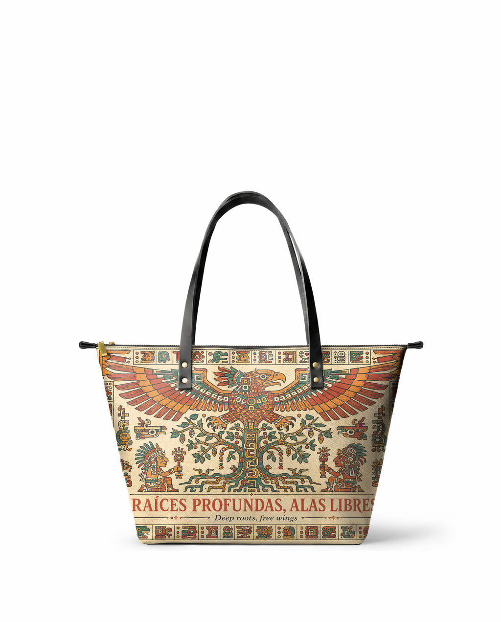 "Raíces profundas, alas libres" ver.3 Leather Tote Bag - front view | Paleta Bags