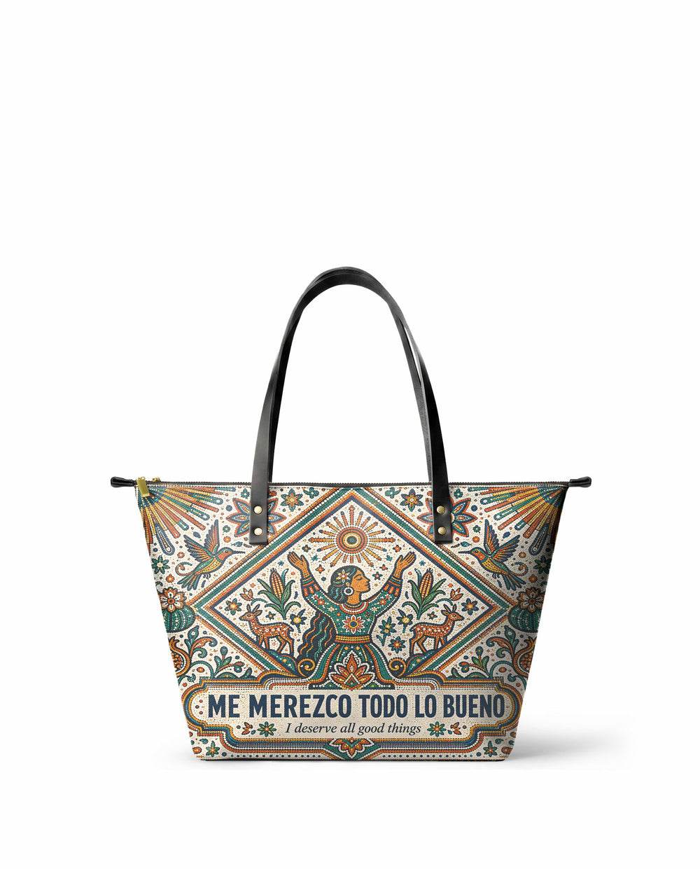 "Me merezco todo lo bueno" ver.5 Leather Tote Bag - front view | Paleta Bags