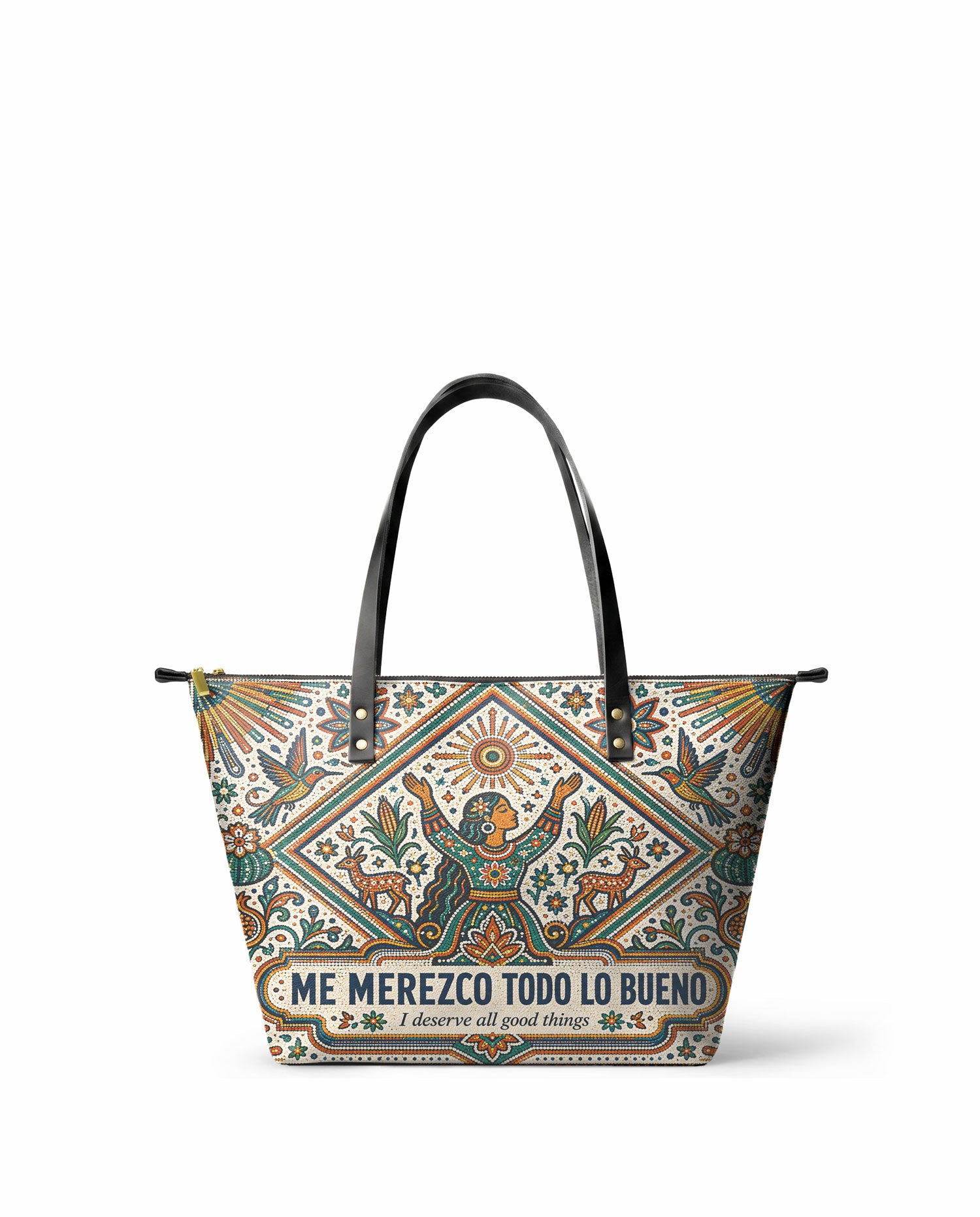 "Me merezco todo lo bueno" ver.5 Leather Tote Bag - front view | Paleta Bags