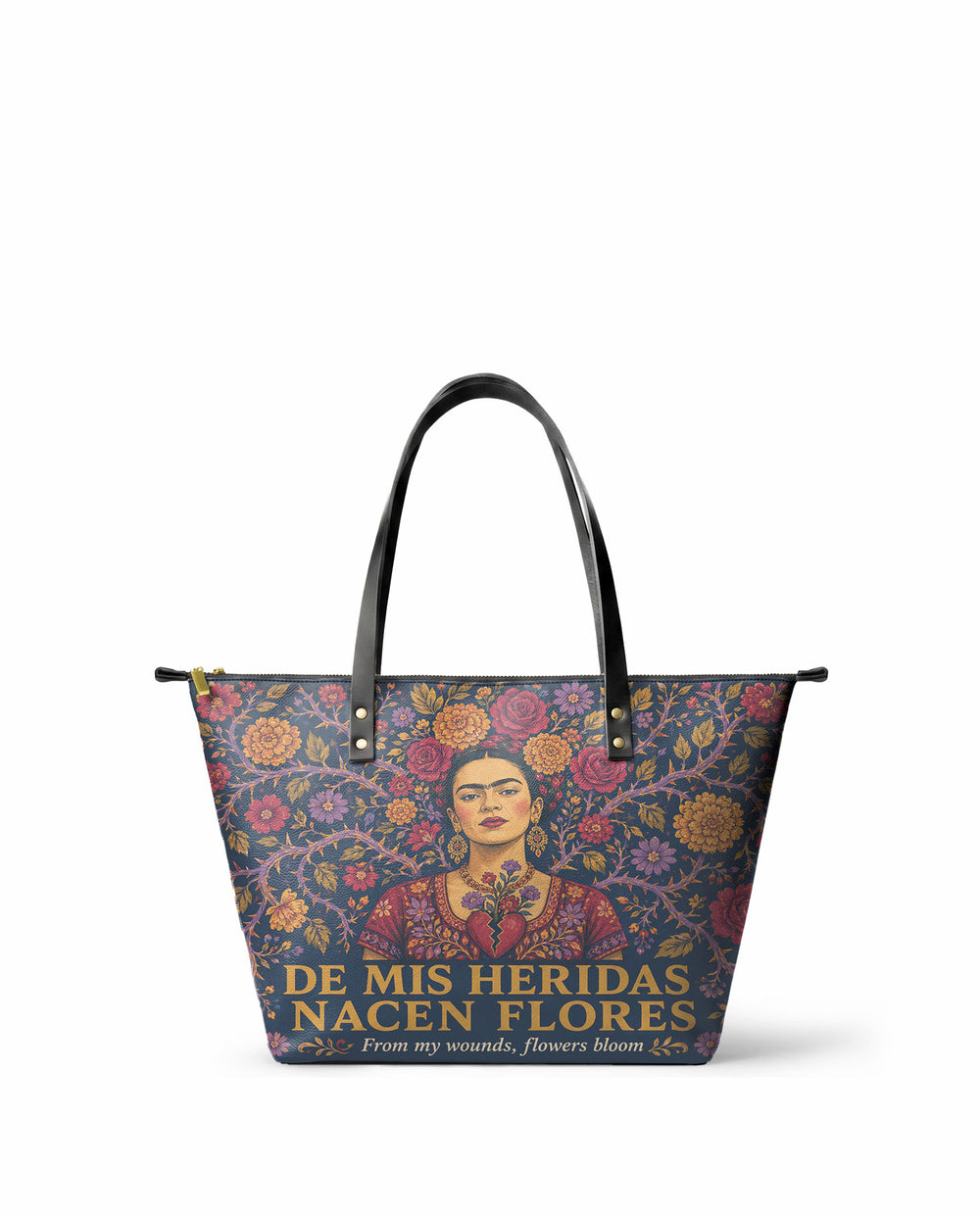 "De mis heridas nacen flores" ver.3 Leather Tote Bag - front view | Paleta Bags