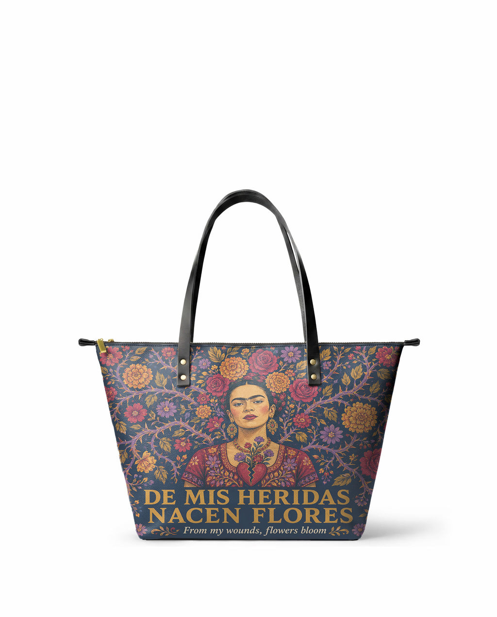 "De mis heridas nacen flores" ver.3 Leather Tote Bag - front view | Paleta Bags