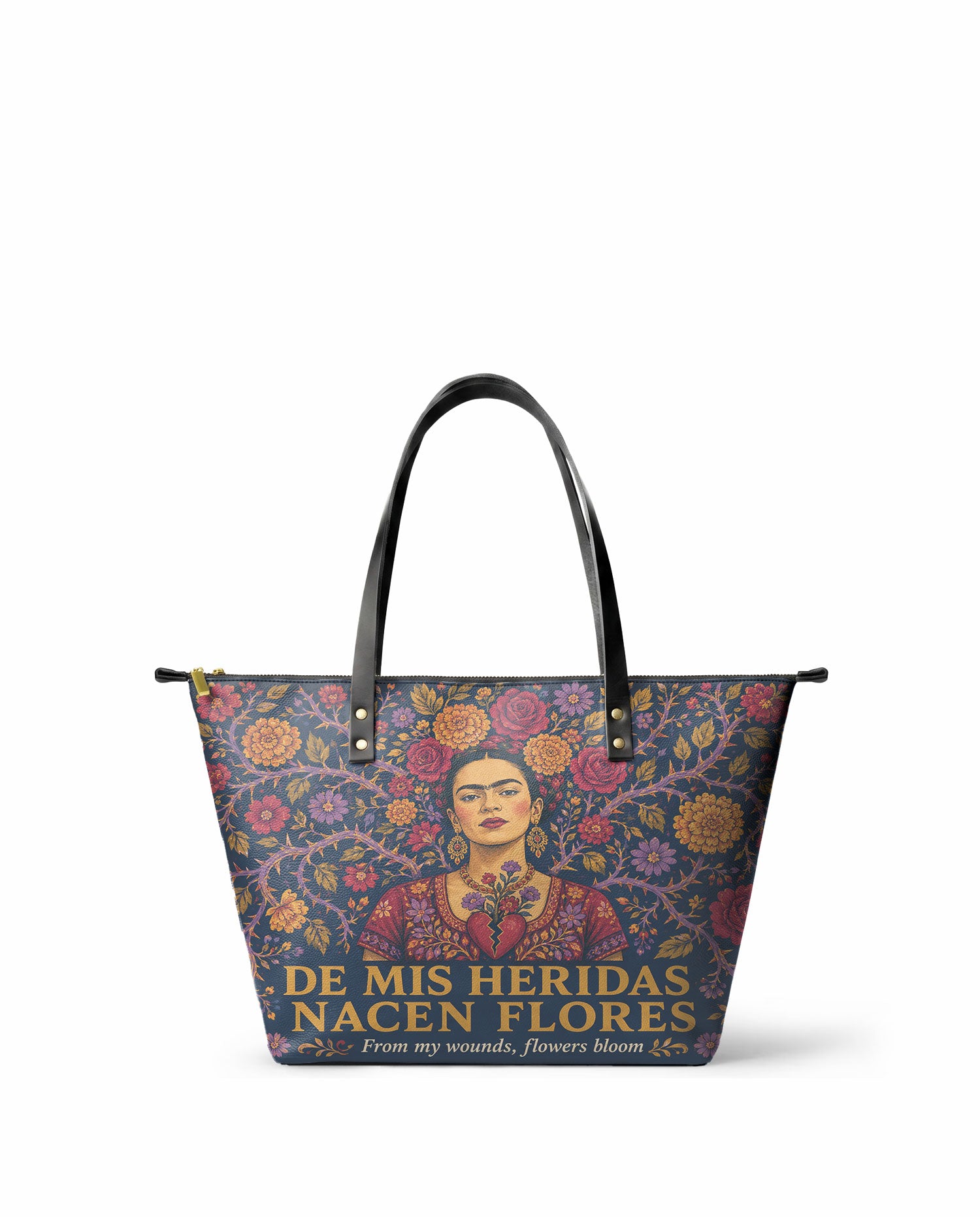 "De mis heridas nacen flores" ver.3 Leather Tote Bag - front view | Paleta Bags