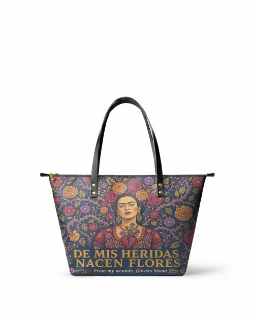 "De mis heridas nacen flores" ver.3 Leather Tote Bag - front view | Paleta Bags