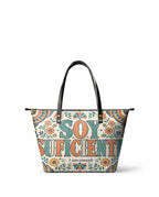 "Soy suficiente, tal y como soy" ver.4 Leather Tote Bag - front view | Paleta Bags