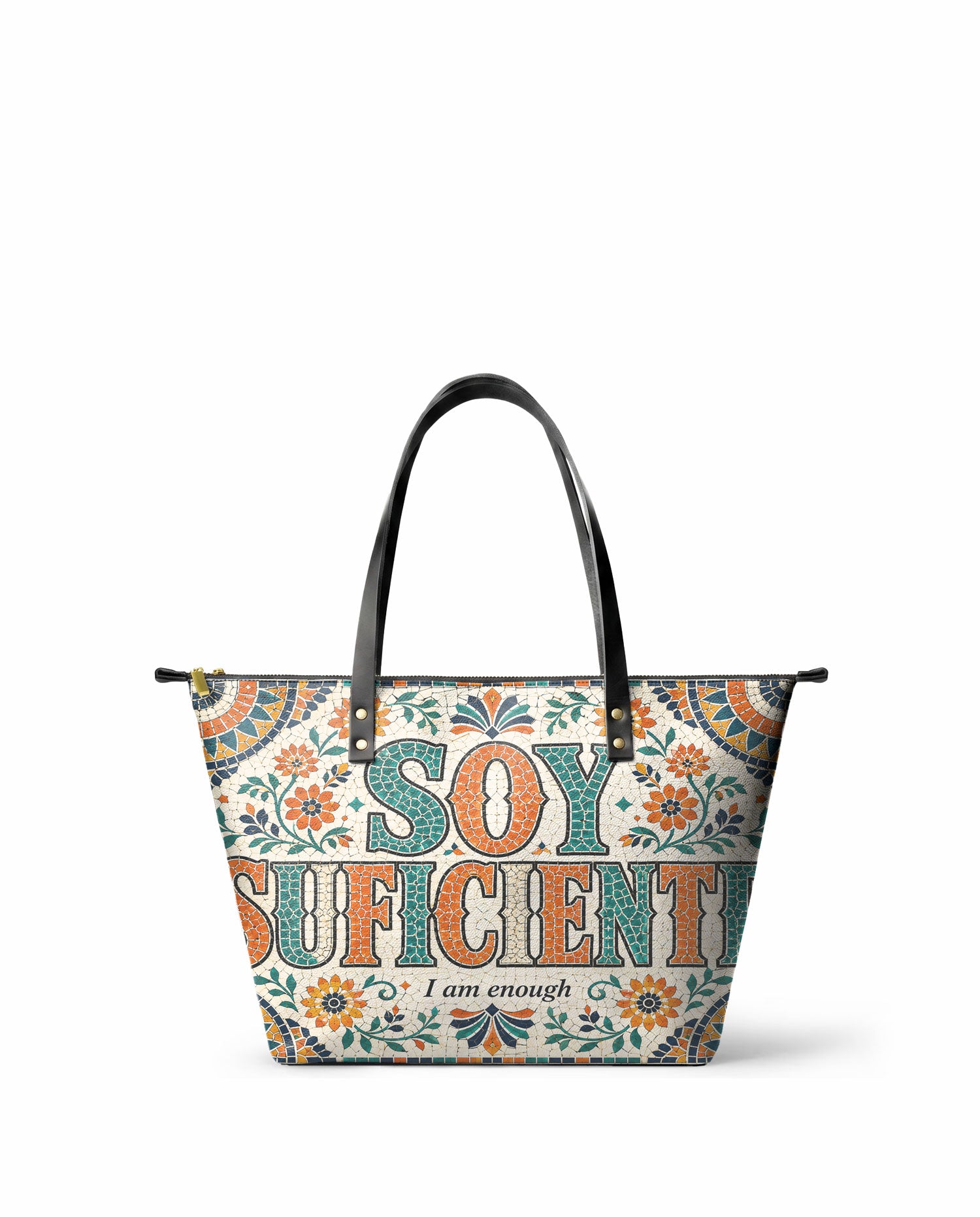 "Soy suficiente, tal y como soy" ver.4 Leather Tote Bag - front view | Paleta Bags