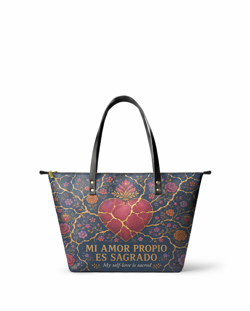 "Mi amor propio es sagrado" ver.3 Leather Tote Bag - front view | Paleta Bags