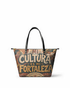 "Mi cultura es mi fortaleza" ver.1 Leather Tote Bag - front view | Paleta Bags