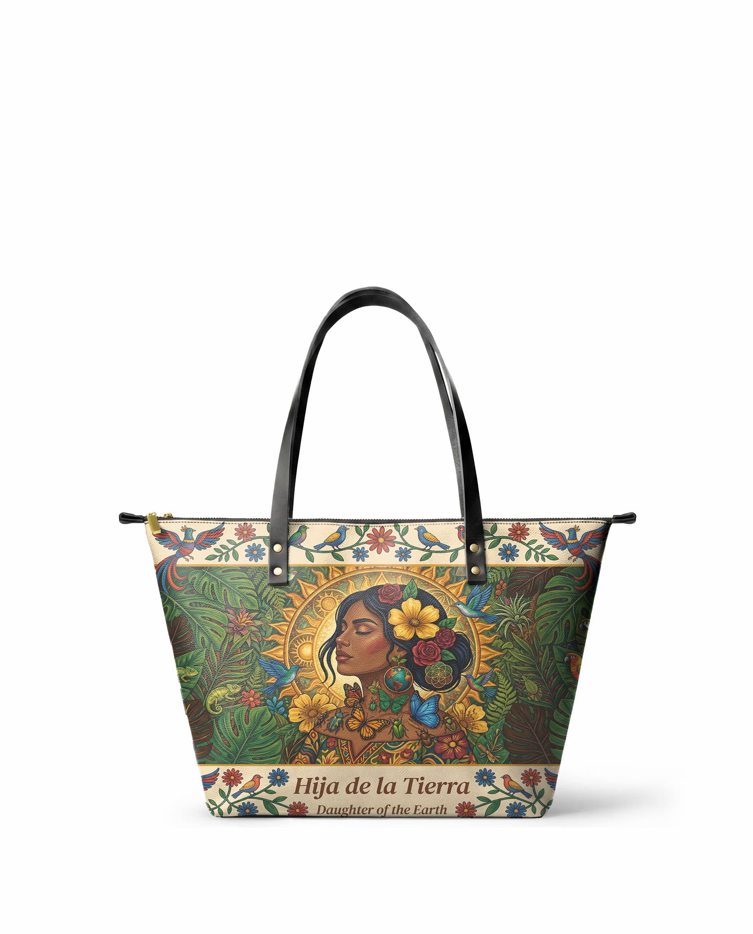 "Soy hija de la tierra" ver.6 Leather Tote Bag - front view | Paleta Bags