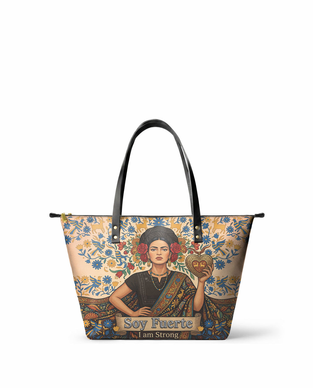 "Soy Fuerte" ver.3 Leather Tote Bag - front view | Paleta Bags
