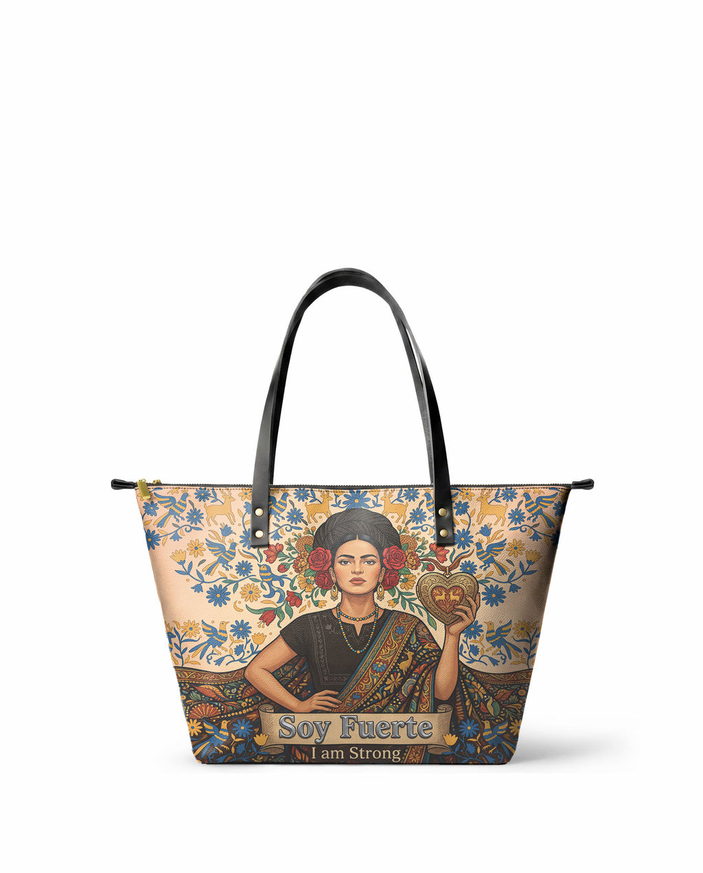 "Soy Fuerte" ver.3 Leather Tote Bag - front view | Paleta Bags