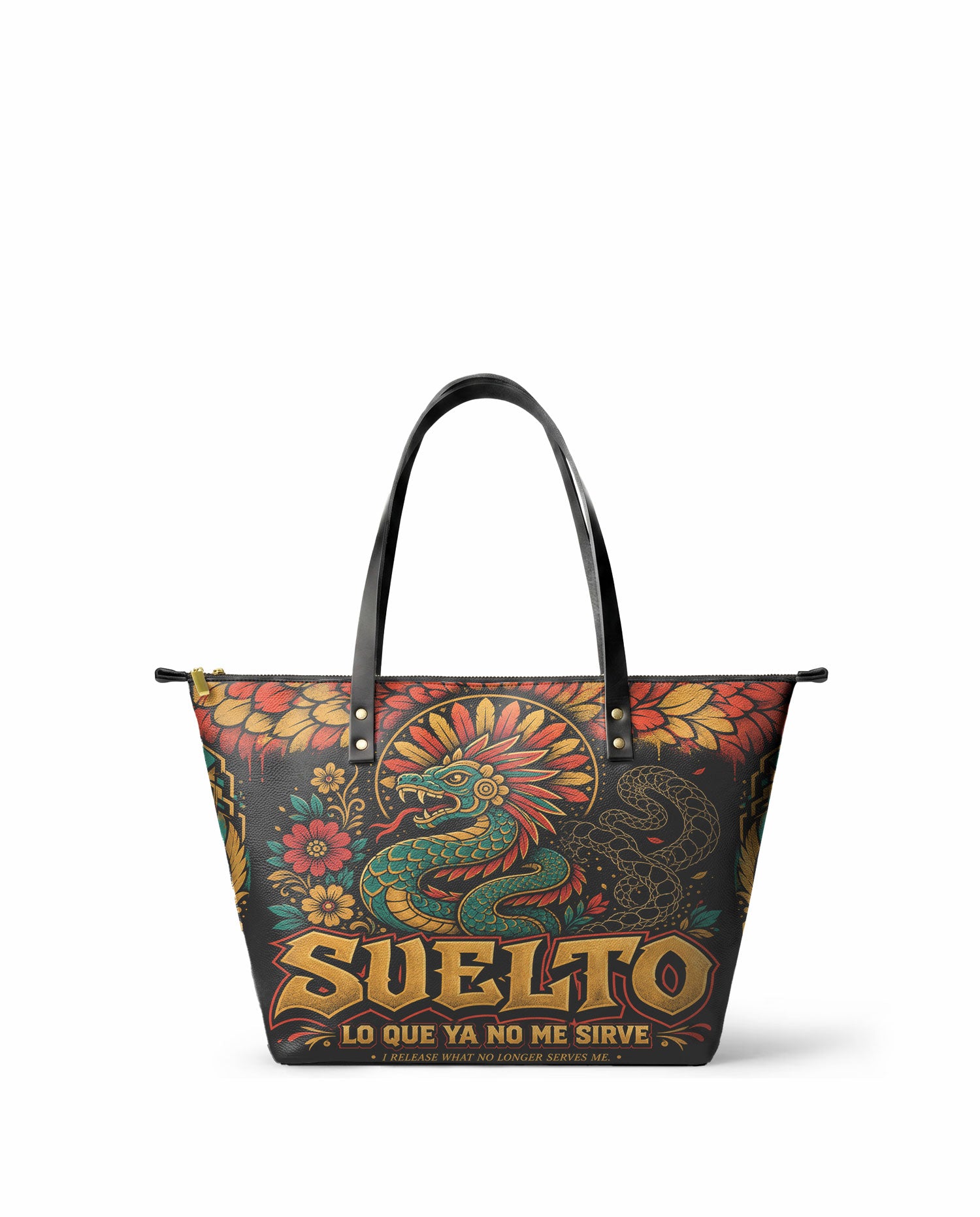 "Suelto lo que ya no me sirve" ver.2 Leather Tote Bag - front view | Paleta Bags