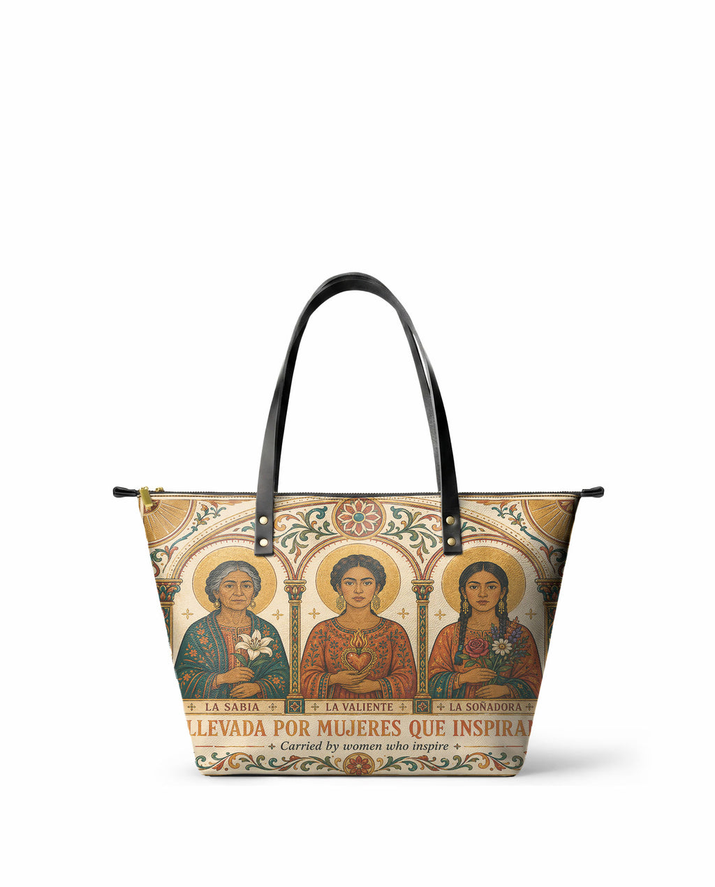 "Llevada por mujeres que inspiran" ver.1 Leather Tote Bag - front view | Paleta Bags