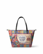 "Cada bolsa, una historia" ver.2 Leather Tote Bag - front view | Paleta Bags
