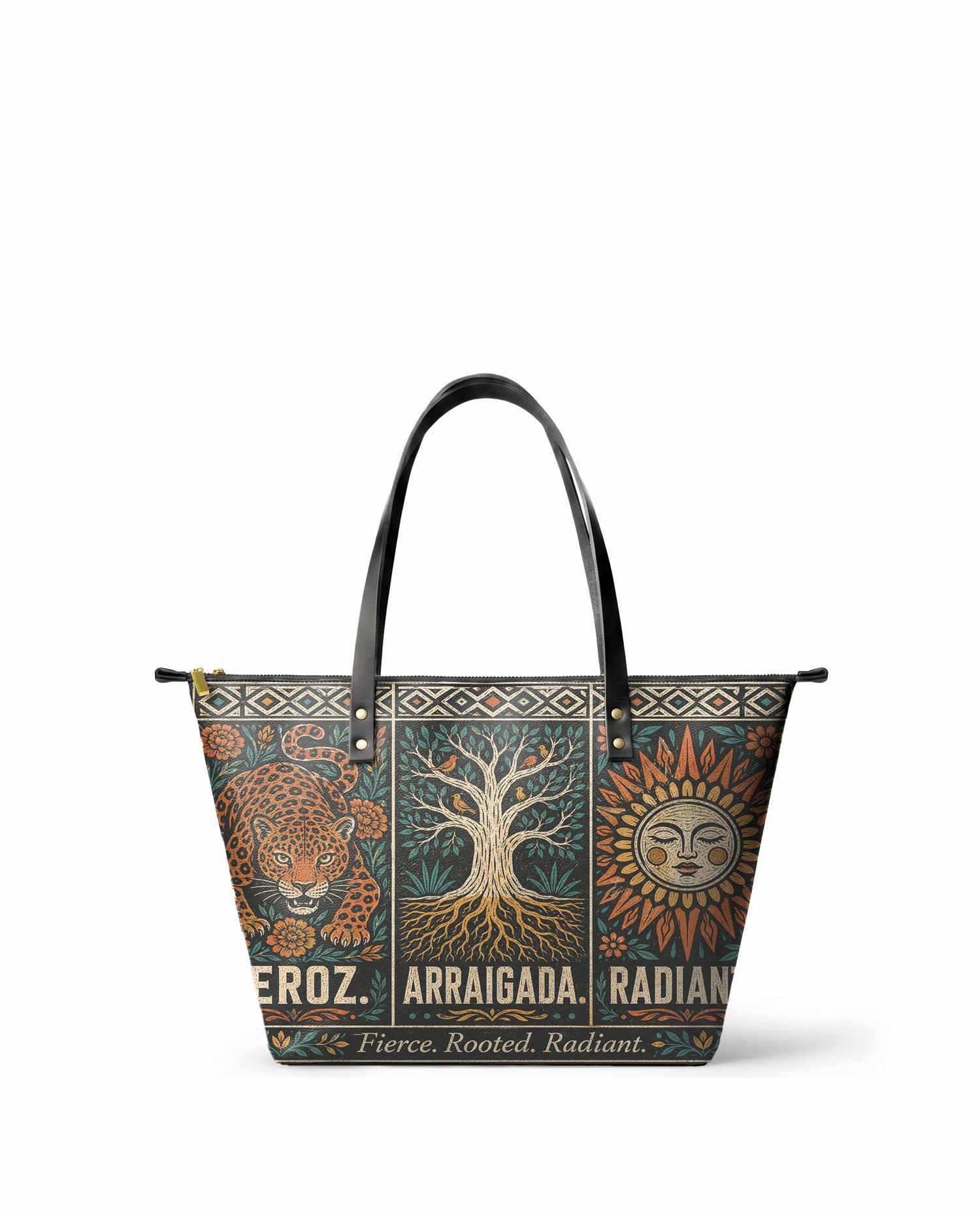 "Feroz. Arraigada. Radiante" ver.1 Leather Tote Bag - front view | Paleta Bags