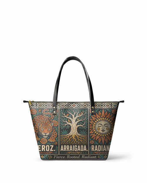 "Feroz. Arraigada. Radiante" ver.1 Leather Tote Bag - front view | Paleta Bags