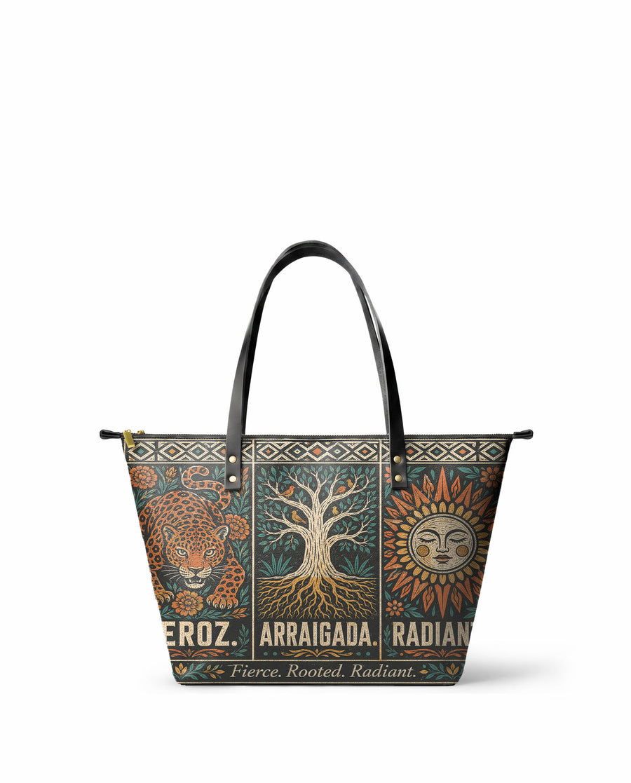 "Feroz. Arraigada. Radiante" ver.1 Leather Tote Bag