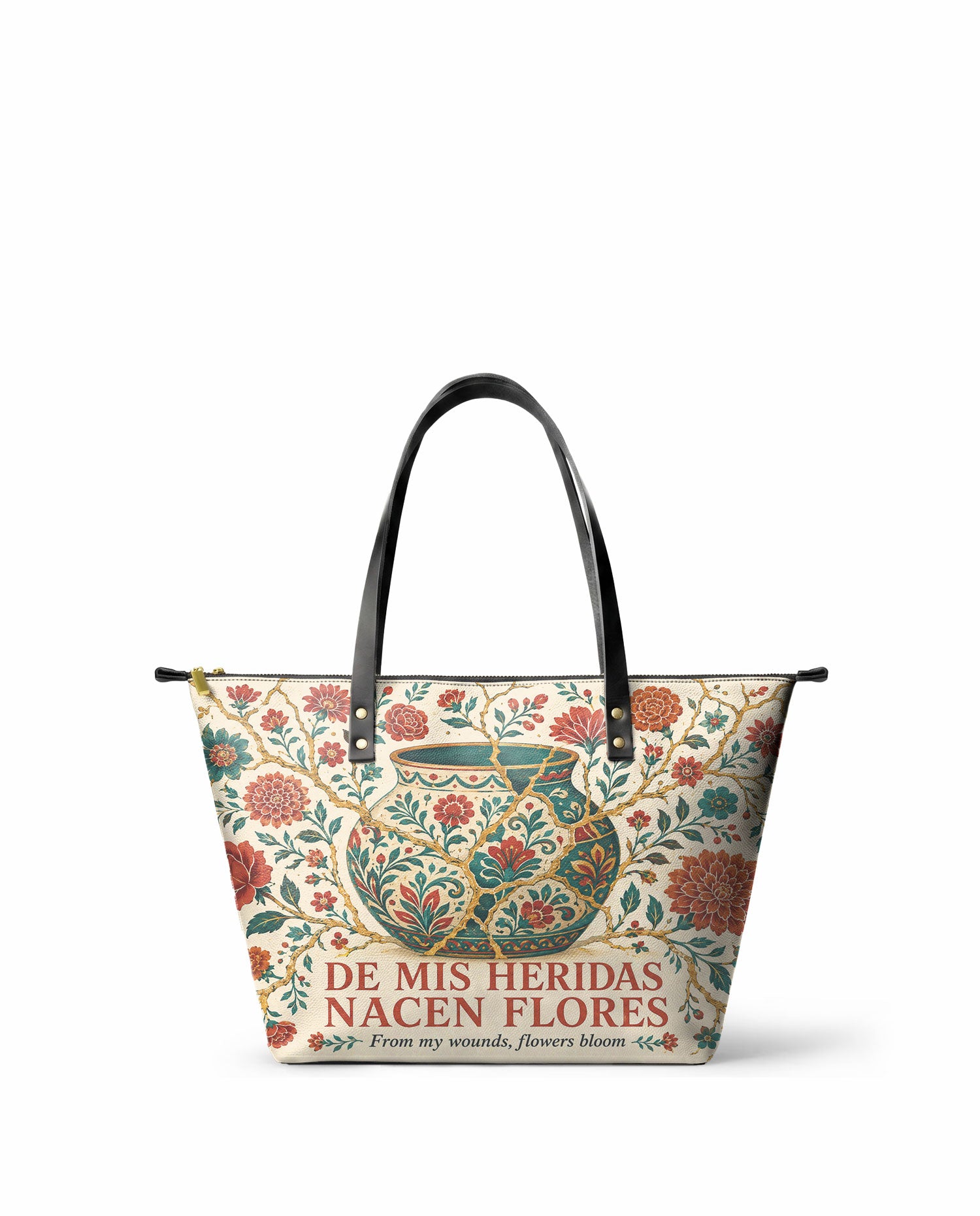 "De mis heridas nacen flores" ver.2 Leather Tote Bag - front view | Paleta Bags