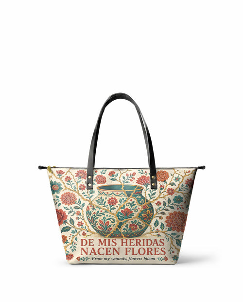 "De mis heridas nacen flores" ver.2 Leather Tote Bag - front view | Paleta Bags