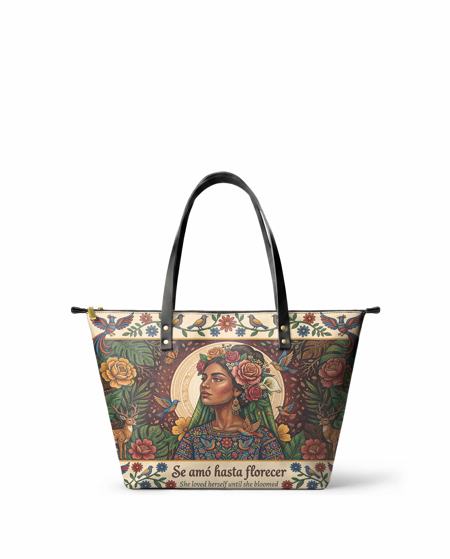 "Se amó hasta florecer" ver.8 Leather Tote Bag - front view | Paleta Bags