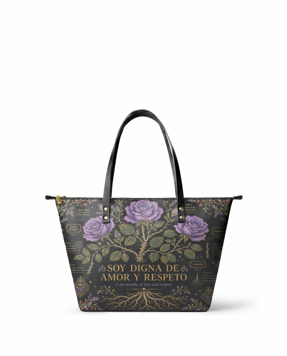 Near black tote bag drawn as a botanical plate, three lilac roses on one stem with gold roots and small labelled annotation panels