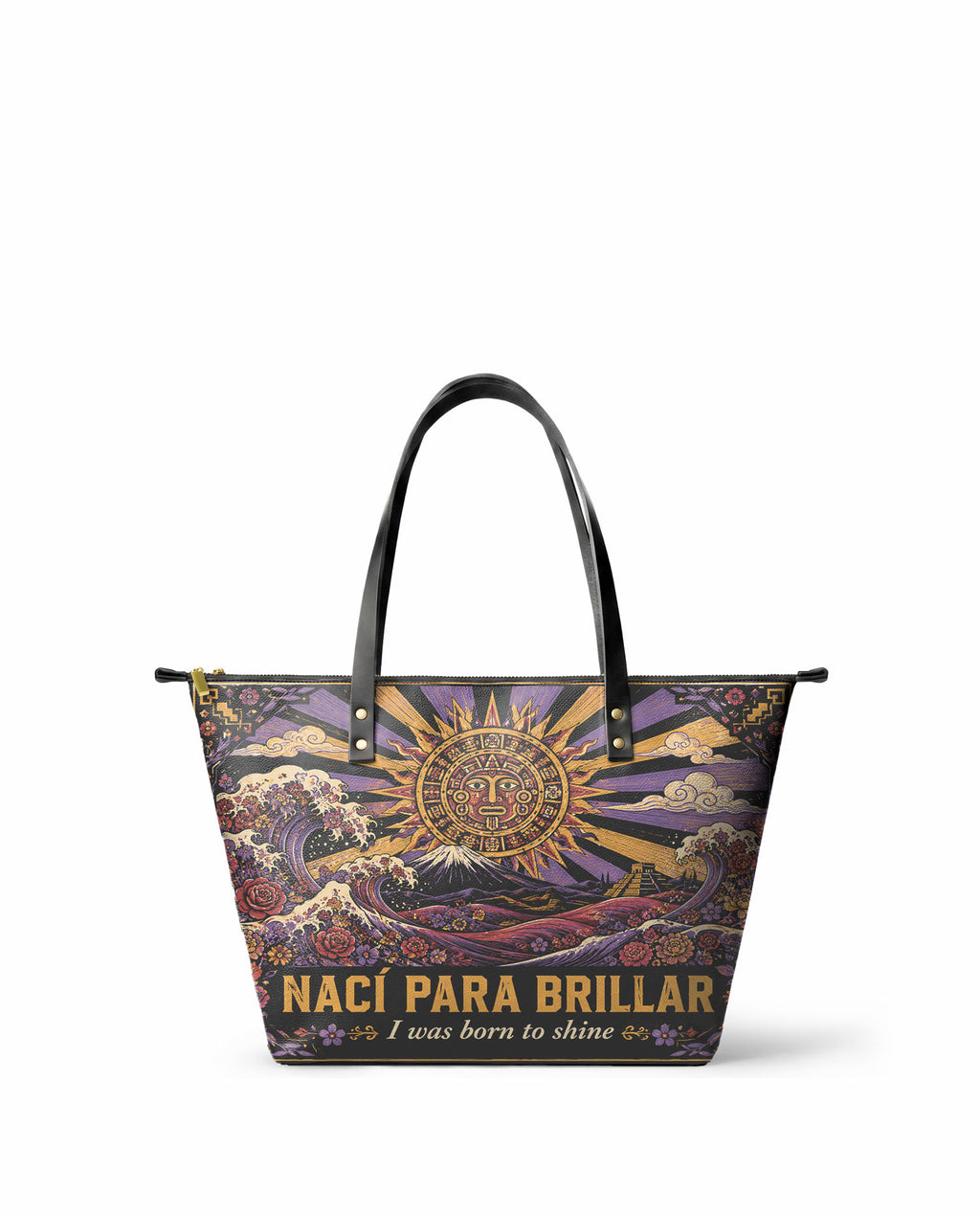 "Nací para brillar" ver.1 Leather Tote Bag - front view | Paleta Bags