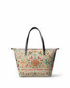 "Orgullosa de donde vengo" ver.2 Leather Tote Bag - front view | Paleta Bags