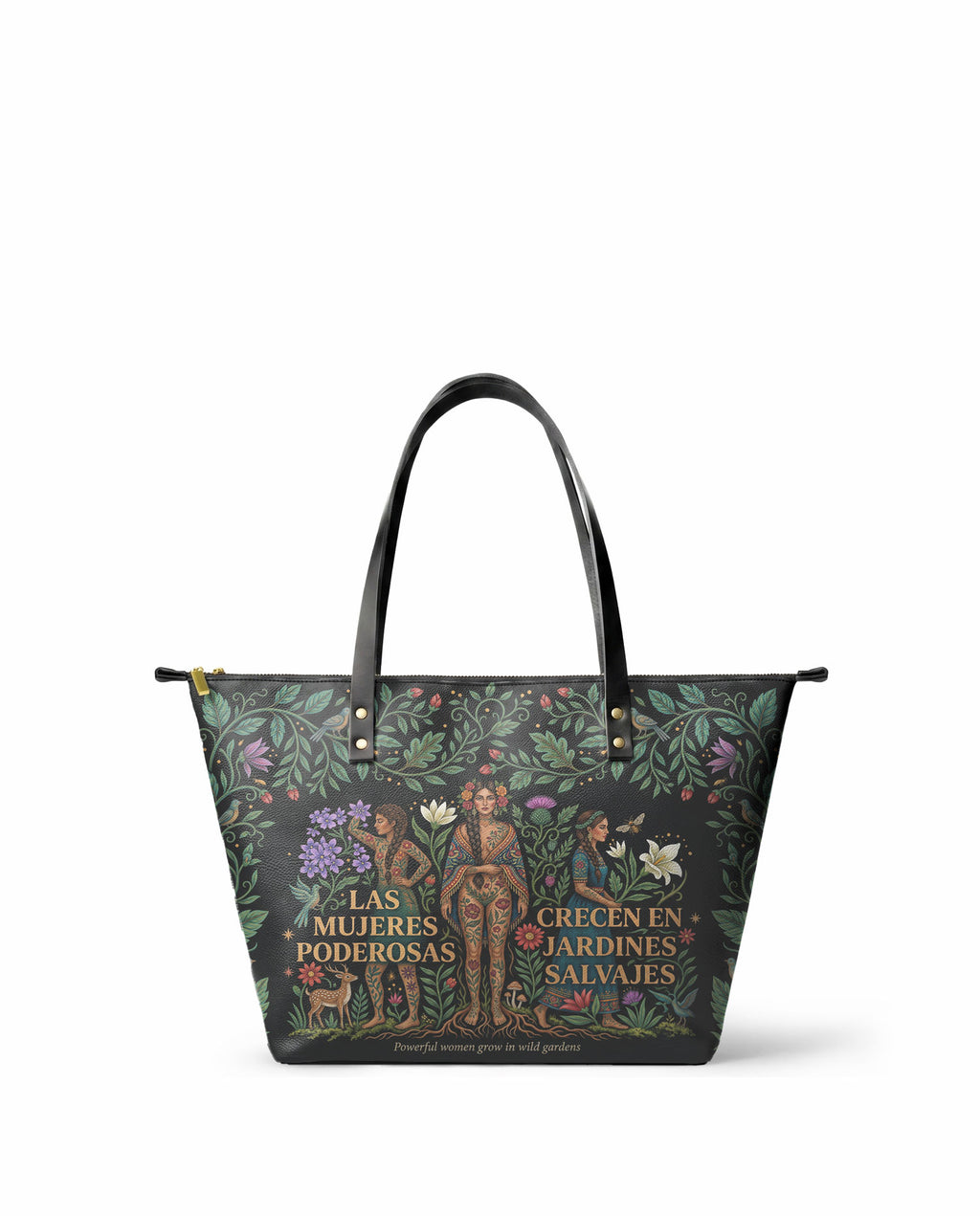 "Las mujeres poderosas crecen en jardines salvajes" ver.1 Leather Tote Bag - front view | Paleta Bags