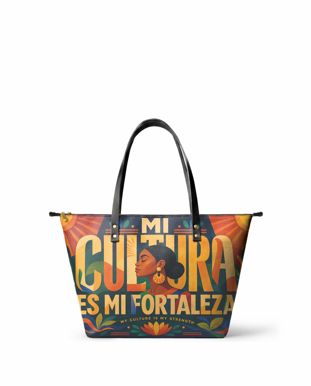 "Mi cultura es mi fortaleza" ver.2 Leather Tote Bag - front view | Paleta Bags
