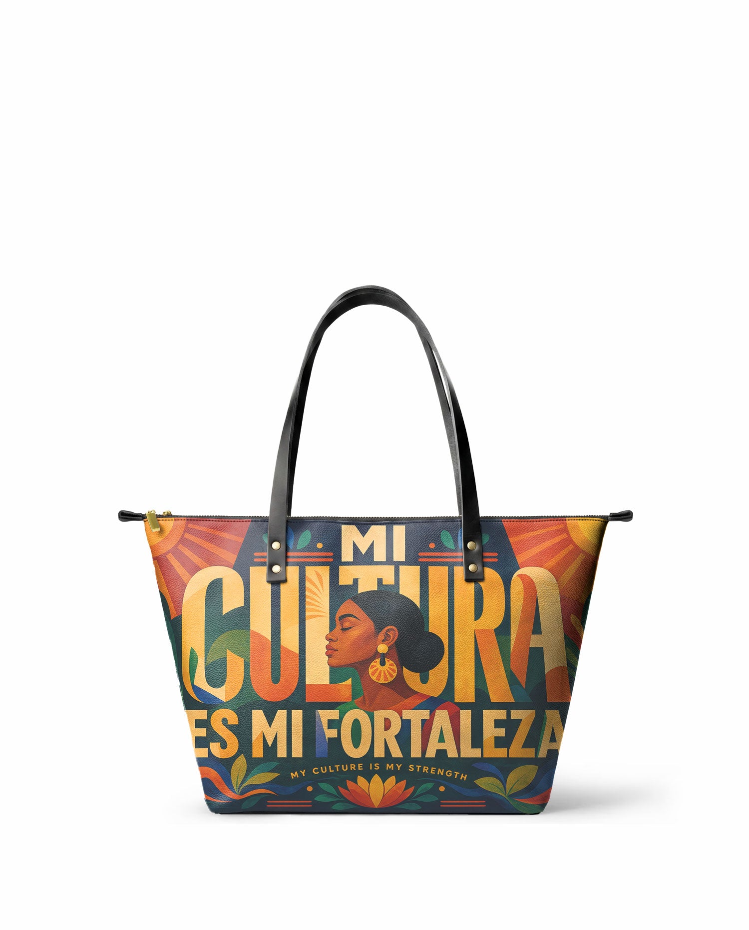 "Mi cultura es mi fortaleza" ver.2 Leather Tote Bag - front view | Paleta Bags