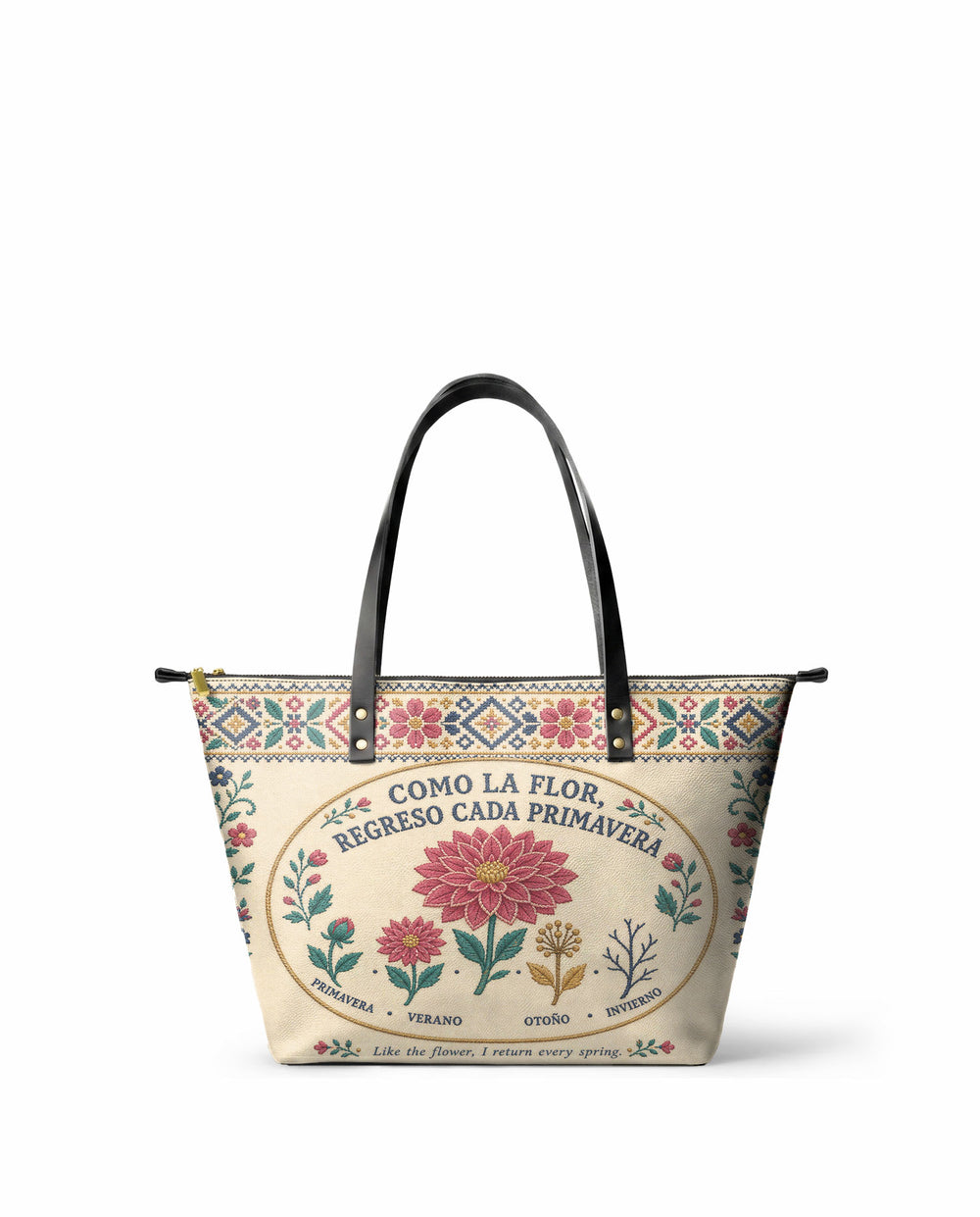 "Como la flor, regreso cada primavera" ver.3 Leather Tote Bag - front view | Paleta Bags