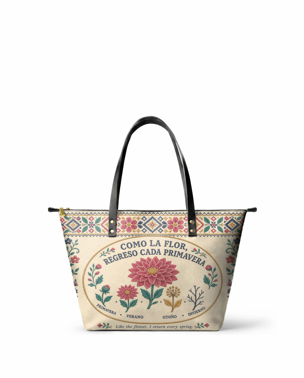 "Como la flor, regreso cada primavera" ver.3 Leather Tote Bag - front view | Paleta Bags