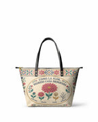 "Como la flor, regreso cada primavera" ver.3 Leather Tote Bag - front view | Paleta Bags