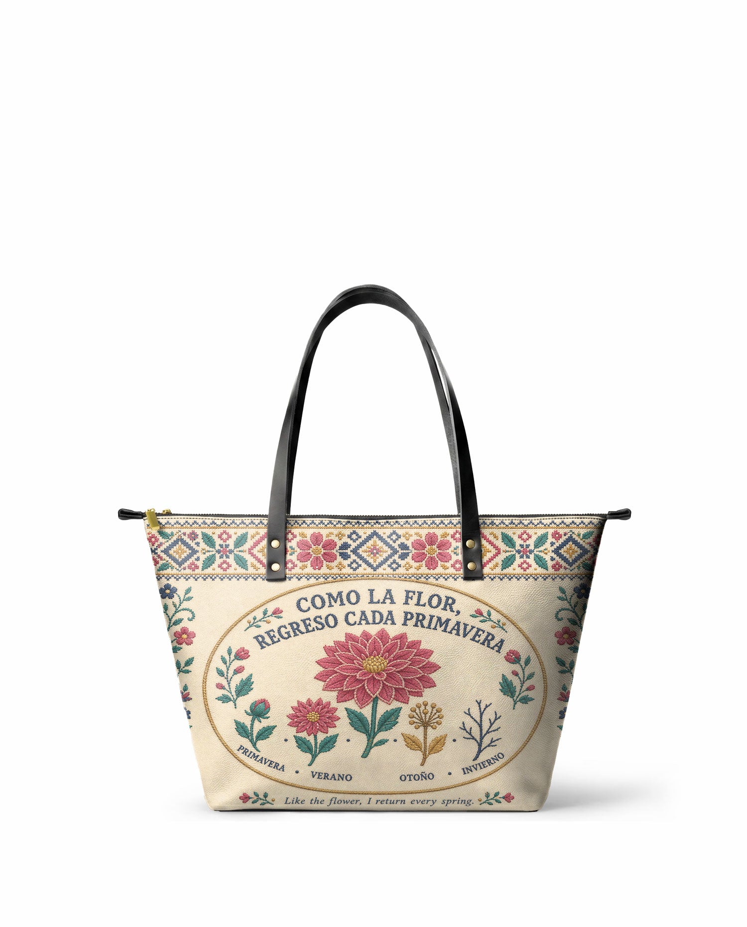 "Como la flor, regreso cada primavera" ver.3 Leather Tote Bag - front view | Paleta Bags