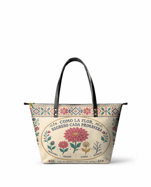 "Como la flor, regreso cada primavera" ver.3 Leather Tote Bag - front view | Paleta Bags