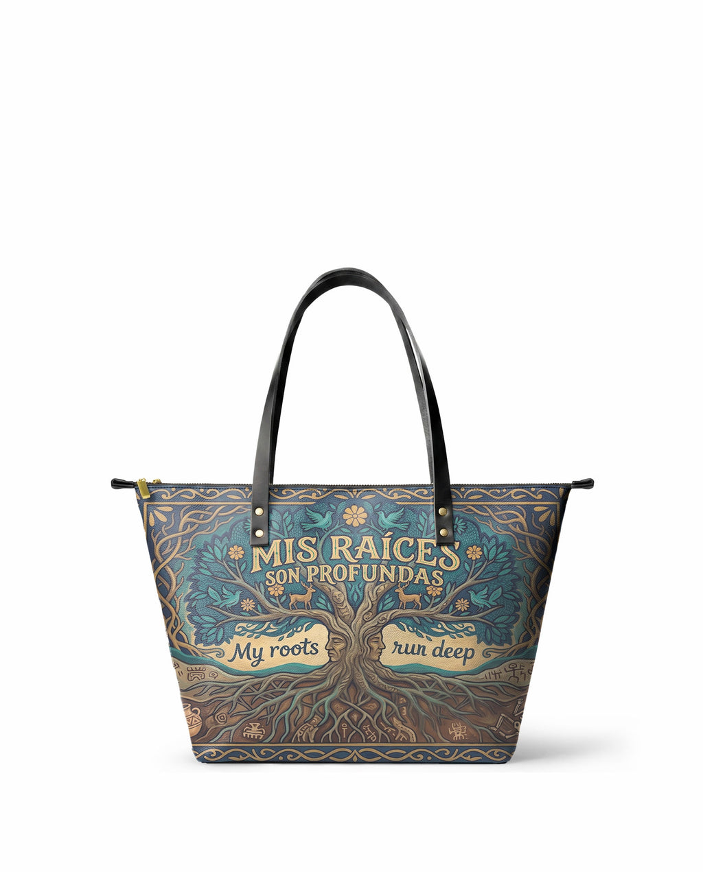 "Mis Raíces son Profundas" ver.1 Leather Tote Bag - front view | Paleta Bags