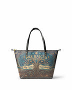 "Mis Raíces son Profundas" ver.1 Leather Tote Bag - front view | Paleta Bags
