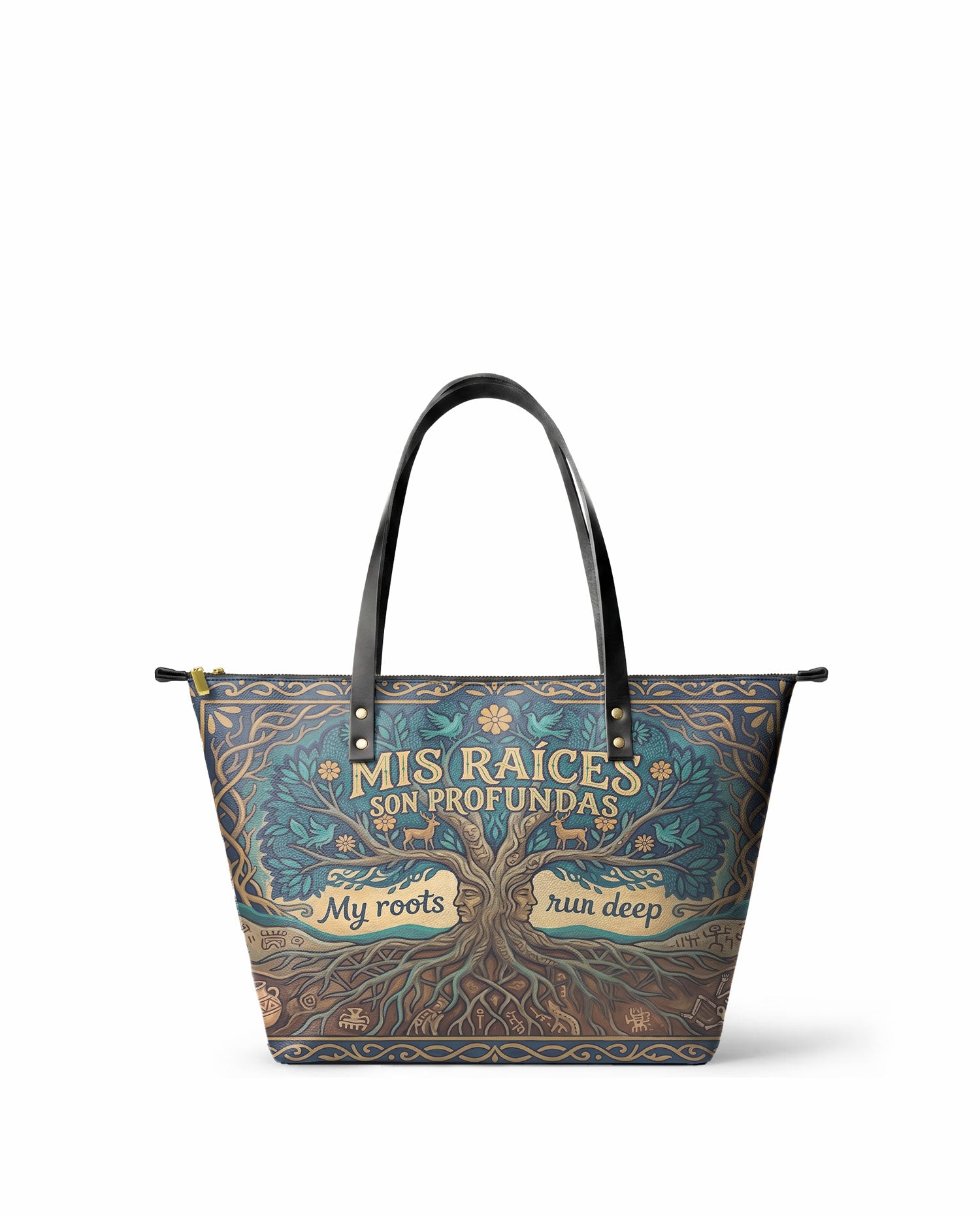 "Mis Raíces son Profundas" ver.1 Leather Tote Bag - front view | Paleta Bags