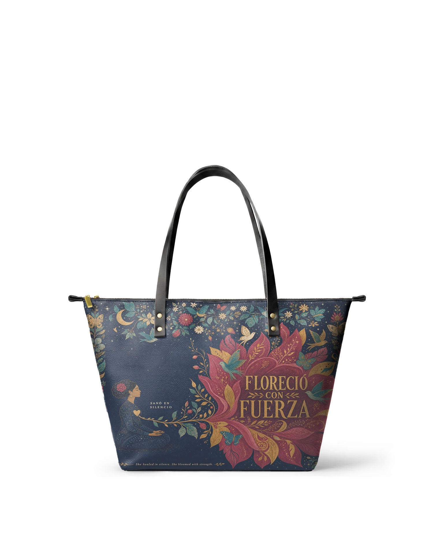 "Sanó en silencio, floreció con fuerza" ver.2 Leather Tote Bag - front view | Paleta Bags