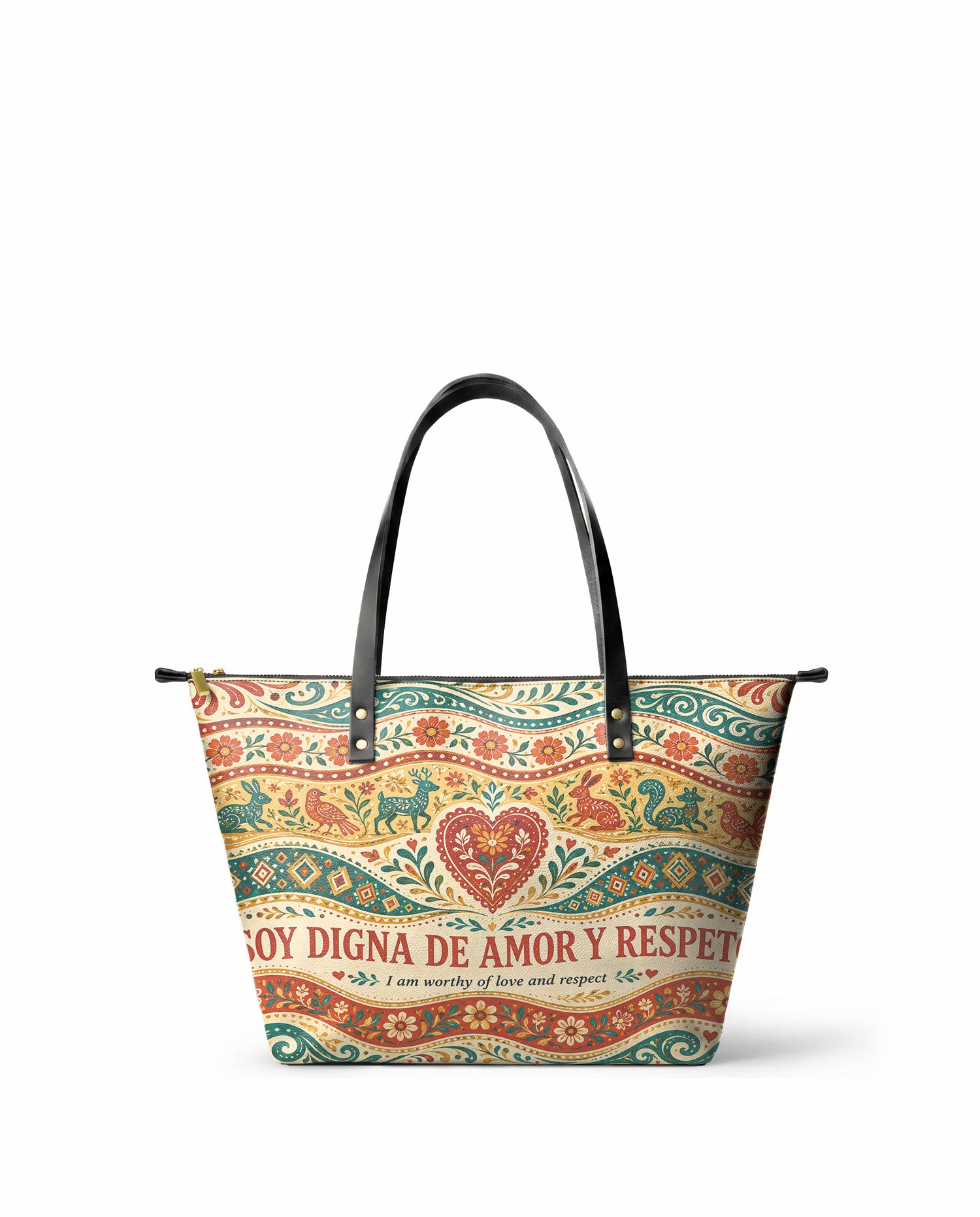 "Otomi Wild Embroidery" ver.1 Leather Tote Bag - front view | Paleta Bags