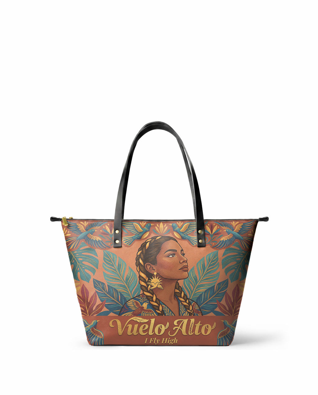 "Vuelo Alto" ver.1 Leather Tote Bag - front view | Paleta Bags