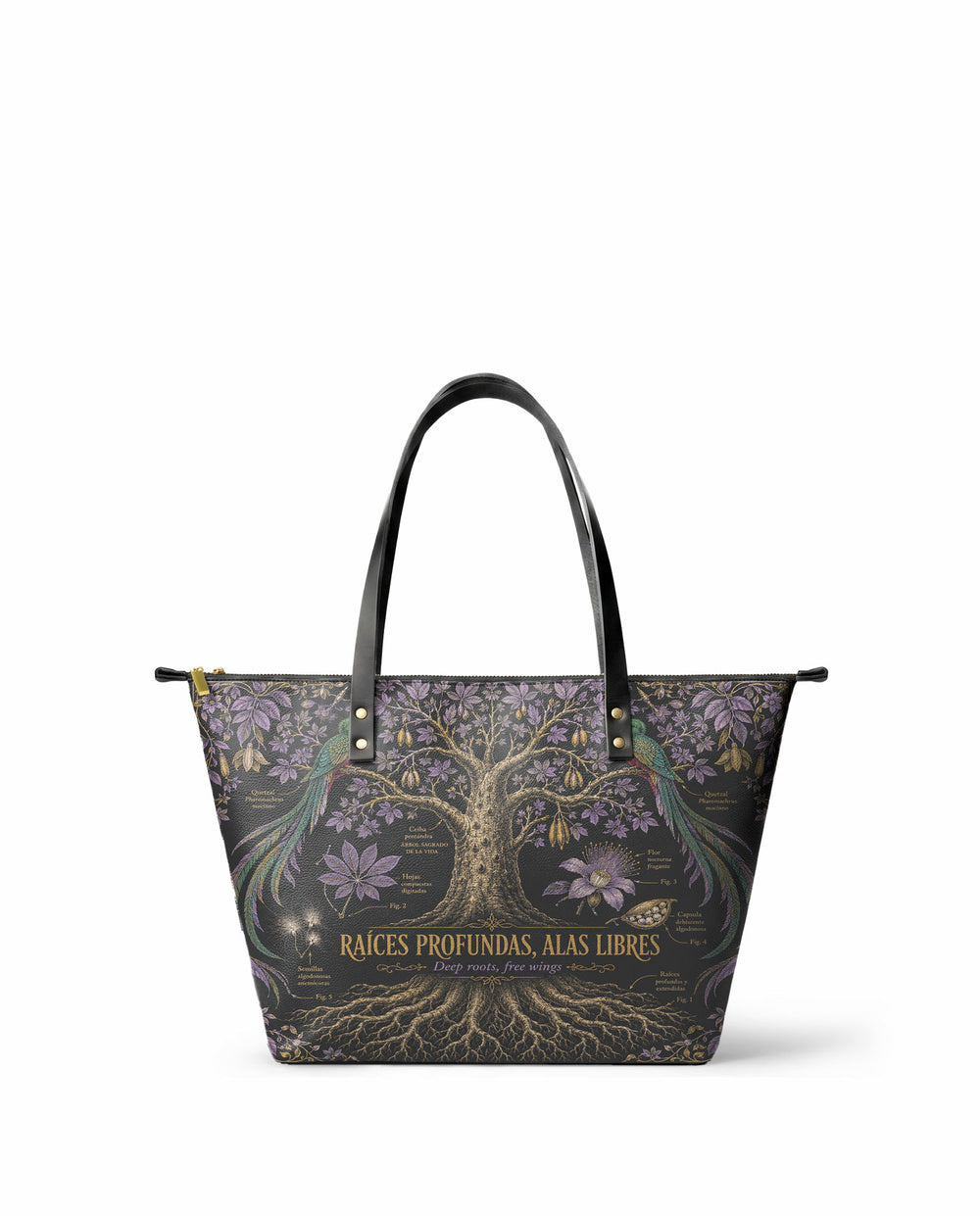 "Raíces profundas, alas libres" ver.2 Leather Tote Bag - front view | Paleta Bags