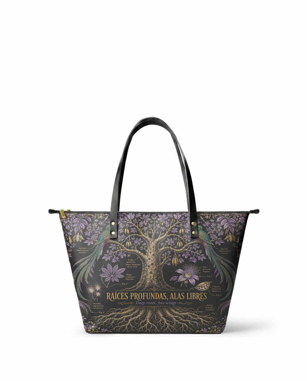 "Raíces profundas, alas libres" ver.2 Leather Tote Bag - front view | Paleta Bags