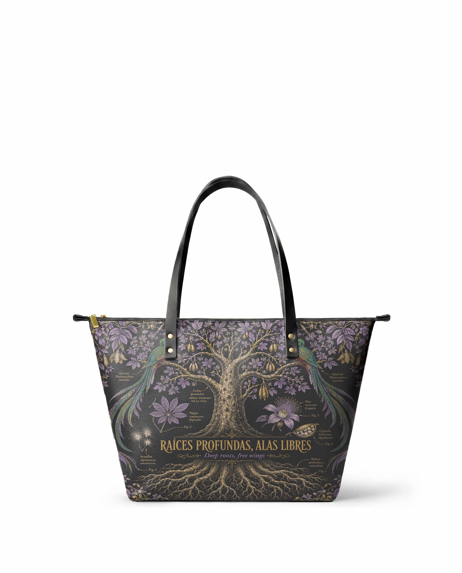 "Raíces profundas, alas libres" ver.2 Leather Tote Bag - front view | Paleta Bags