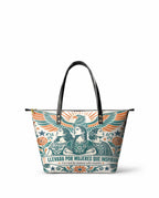 "Llevada por mujeres que inspiran" ver.3 Leather Tote Bag - front view | Paleta Bags