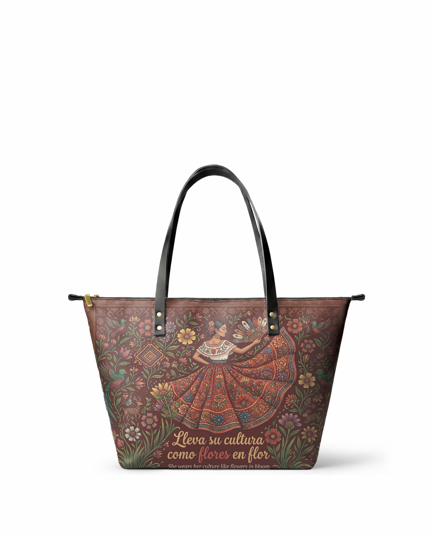 "Nacida de la tierra, hecha para el mundo" ver.5 Leather Tote Bag - front view | Paleta Bags